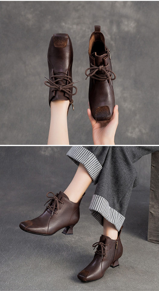 Boot Nữ Da Bò Cổ Lửng Gót Vuông Chiều Cao Đế Khoảng 5cm Màu Đen, Nâu chi tiết 10