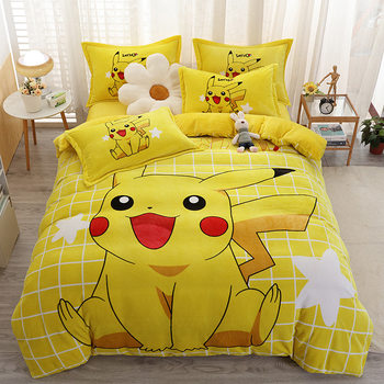 New Double-Sided Milk Velvet Four-Piece Set with Large Printed Cartoon Thickened Velvet Quilt Cover and Fitted Sheet Student Dormitory Three-Piece Set
