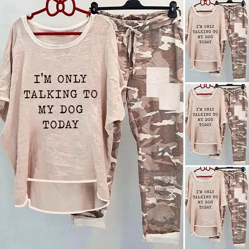 Casual Camouflage Print Set Short Sleeve Top Comfortable Pants Autumn Fashion Wholesale Available