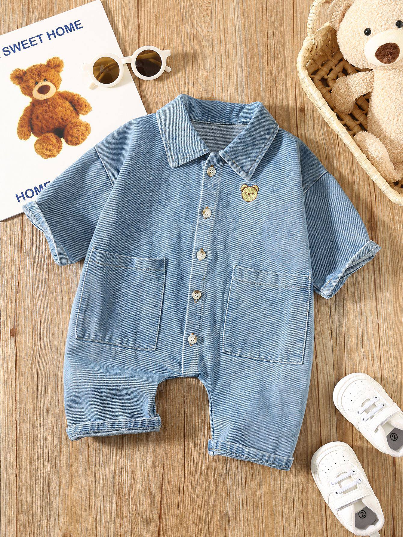 Denim jumpsuit for boys and girls, cute bear embroidered long-sleeved denim crawler suit