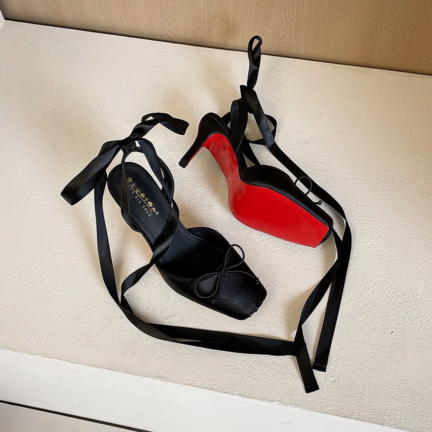 Giày cao gót nữ mũi vuông phong cách ballet, thắt nơ ren quai buộc, đế nhọn mặt satin — màu đen, màu đỏ, Màu tím, Rượu sâm pan