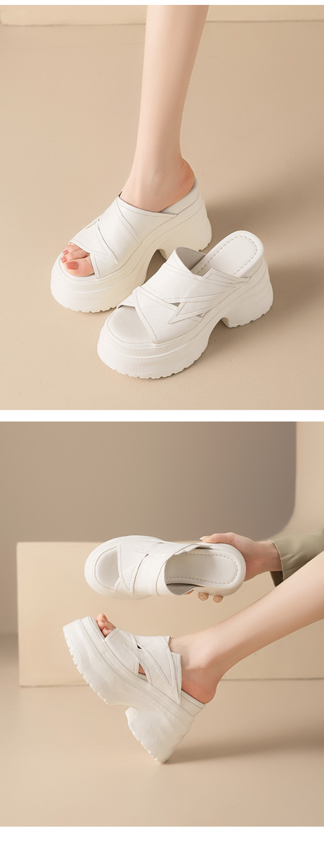 Dép sandal nữ quai ngang đế dày tăng chiều cao 12cm, mũi hở, da bò thật — màu đen, Màu trắng ngà-