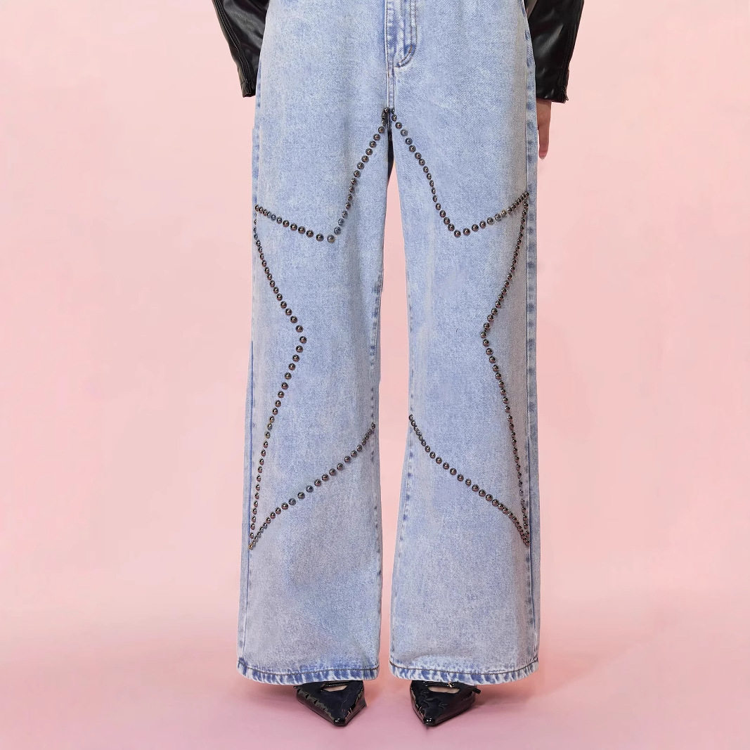 Loose Fit Vintage Beaded Denim Pants Womens Casual Style European and American Fashion Wholesale Available
