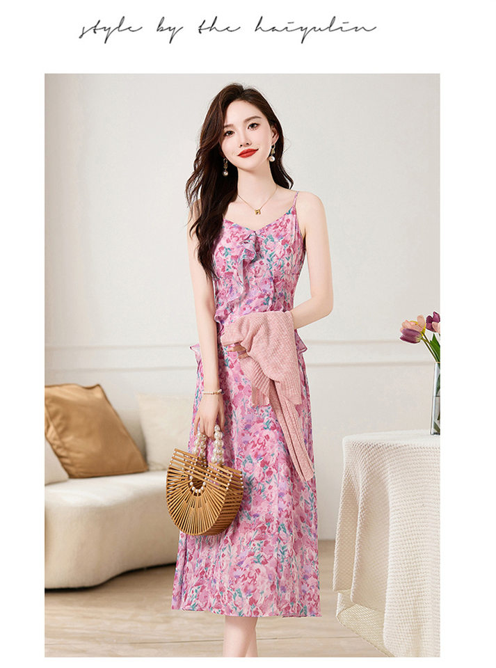 Set Áo Khoác Cardigan Dệt Kim Và Đầm Hai Dây Xòe Họa Tiết Hoa Phong Cách Thanh Lịch Màu Hồng, Xanh chi tiết 17