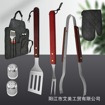 Apron 410 Stainless Steel Medium Wooden Handle Grill Set 6-Piece Bbq Fork Shovel Clip Seasoning Bottle Gloves Grill Set