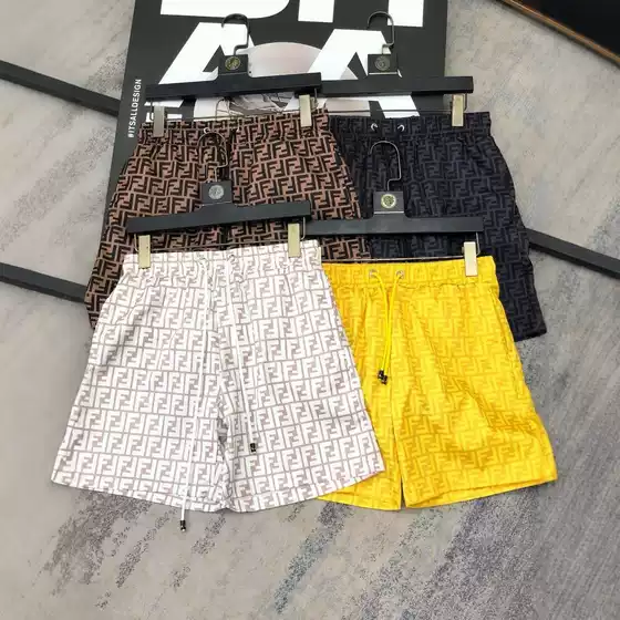 Cross-Border Wholesale Men's Beach Shorts with Double F Letters, Quick-Dry Elastic Casual Shorts for Seaside Sports