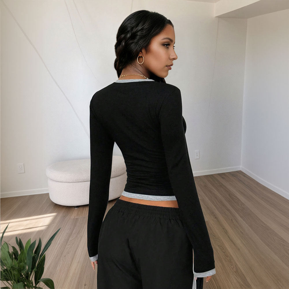 Womens Color Block V Neck Long Sleeve T Shirt Slim Fit Solid Color Trendy Design Spring Summer Fashion Wholesale