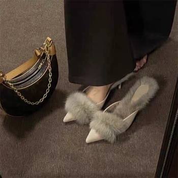 Autumn and Winter Style! Women's Furry High-Heeled Shoes with Pointed Toe and Stiletto Heels, Fashionable and Elegant, Toe-Cap Half Slippers for Women to Wear Outside and Fleece-Lined