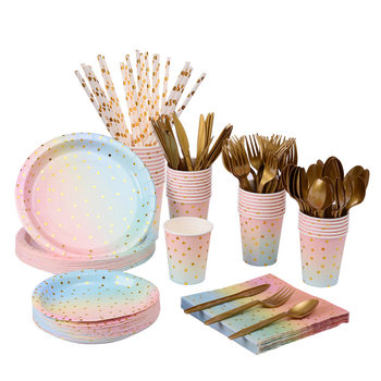 Yaosheng Paper Tableware Colorful Bronzing Dot Set Series party Disposable Plate Paper Cup Paper Towel Knife, Fork and Spoon