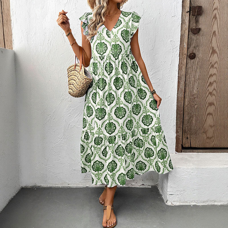 Vintage Inspired Geometric Print Sleeveless Ruffle Dress Unique Design Trendy Style Perfect for Summer Events