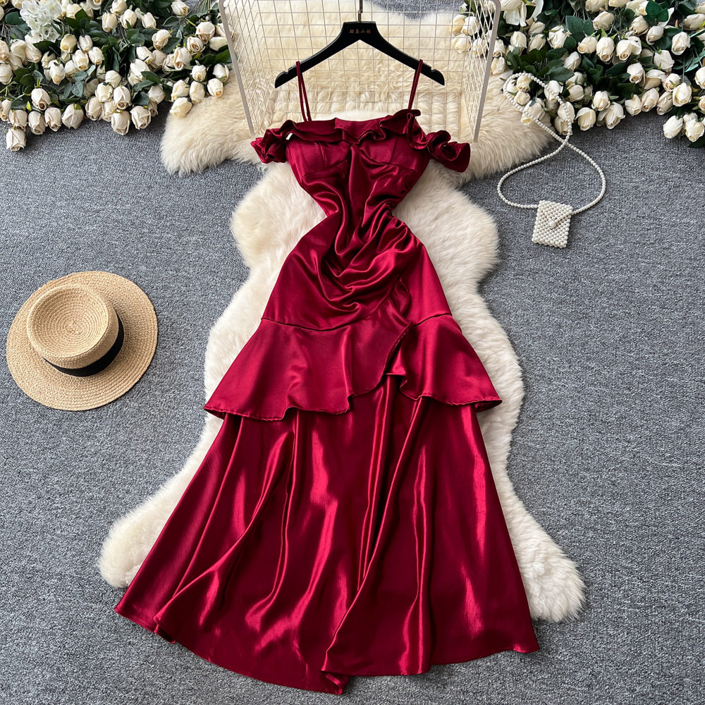 Red Satin A Line Dress with Built in Bra Sleeveless Ruffled Hem Waist Defined Elegant Evening Gown for Special