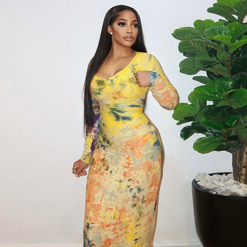 Vintage Floral Bodycon Dress for Women Long Sleeve Round Neck Slim Fit Versatile Style Perfect for Casual or Formal