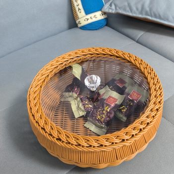 2025 New Acrylic Lid Dustpan Round Drying Basket Imitation Rattan Brown Household Fruit Tea Storage Basket Tray