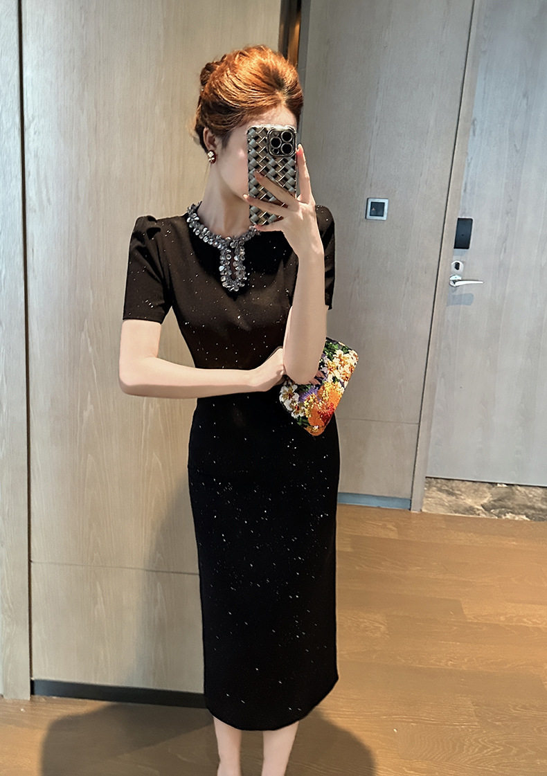 Đầm ôm body nữ cổ tròn tay ngắn, phong cách tiểu thư sang trọng, đính sequin lấp lánh, dáng dài ôm eo — [Đen] chi tiết 3