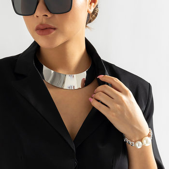 European and American Cross-border Jewelry Simple Imitation Pearl Punk Necklace Personalized Business Metal Glossy Ring Collar for Women