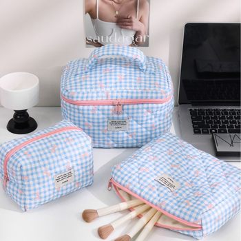 2025 New Plaid Bow Large Capacity Cosmetic Bag High-Looking Portable Travel Daily Necessities Storage Toiletry Bag