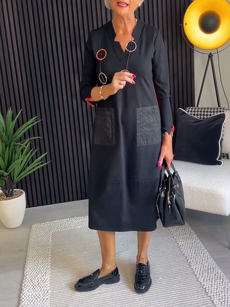 V Neck Long Sleeve Dress Slim Fit Solid Color Pocket Design Autumn Fashion for Women Wholesale Available