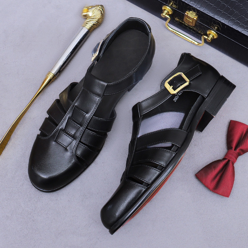 Dép sandal nam bít mũi da bò cổ điển khóa cài thoáng khí — Màu nâu, Màu đen