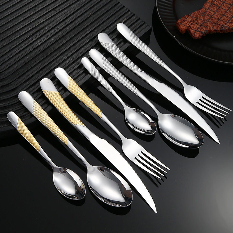 Cross-border Stainless Steel Tableware Embossed Gold Plated Star Diamond Knife and Fork Spoon suit Hotel Western Steak Knife and Fork Household Spoon