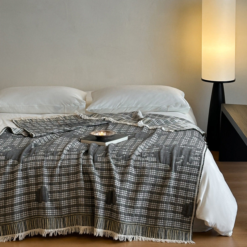 Middle Ages Qian Feng Pure Cotton Gauze Tassel Blanket Skin-Friendly Advanced Sense Sofa Nap Blanket Cotton Blanket Shawl Blanket