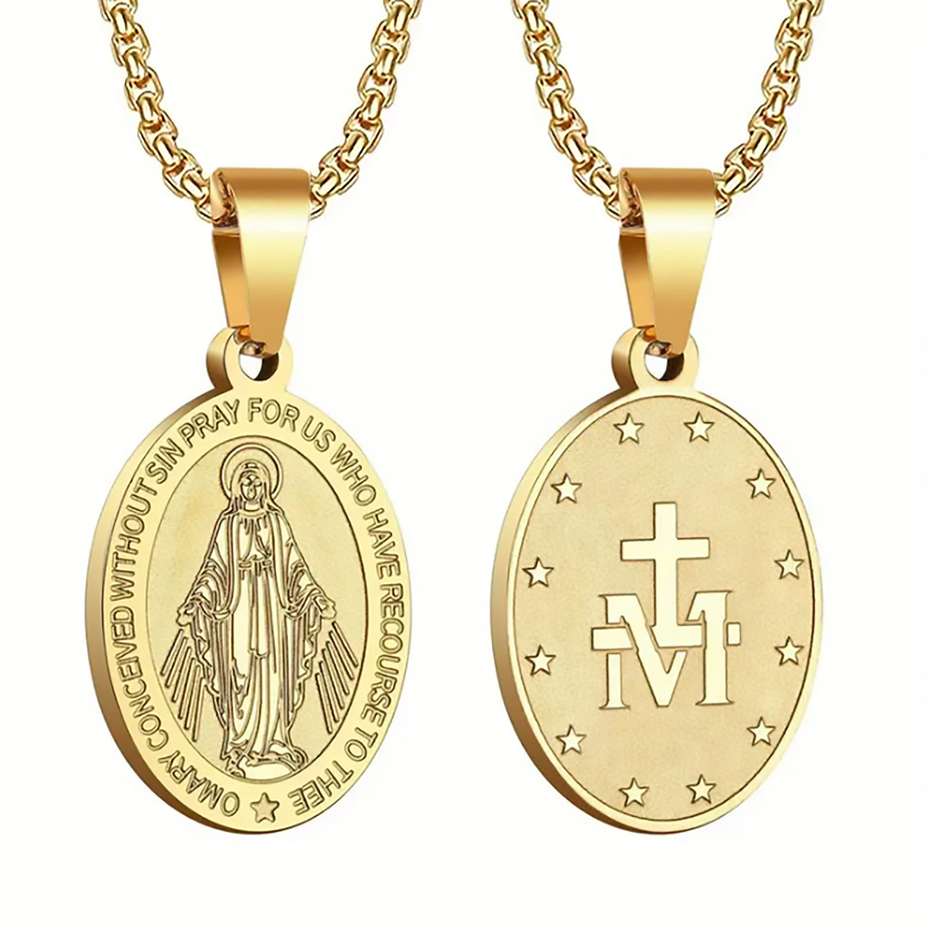 European and American Cross-Border Stainless Steel Double-Sided Logo Oval Agate Virgin Mary Pendant Necklace Unisex Medal