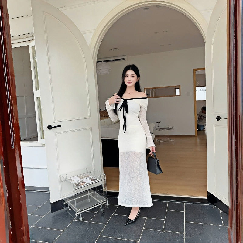 Off Shoulder Dress French Style Romantic Atmosphere Flared Sleeves Color Block Waist Defining Perfect for Evening
