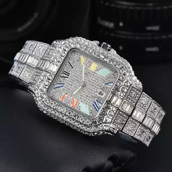 2024 new men's watch square fashion trend full diamond watch three pointer quartz watch manufacturers wholesale
