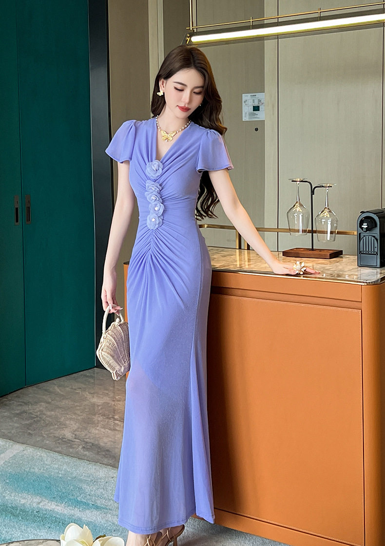 Đầm ôm body nữ phong cách Pháp cổ V tay ngắn eo cao — [Tử Đinh Hương] chi tiết 4