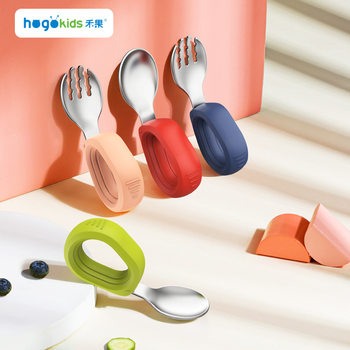 Heguo Maternal and Infant Products Stainless Steel Round Handle Fork and Spoon Set Wholesale Children's Tableware Portable Food Training Fork and Spoon