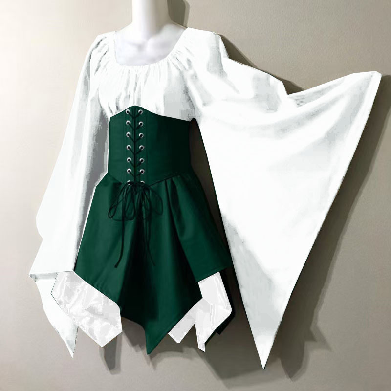 Renaissance Style Long Sleeve Dress Bell Sleeves Patchwork Design Elegant Fabric Perfect for Events and Gatherings