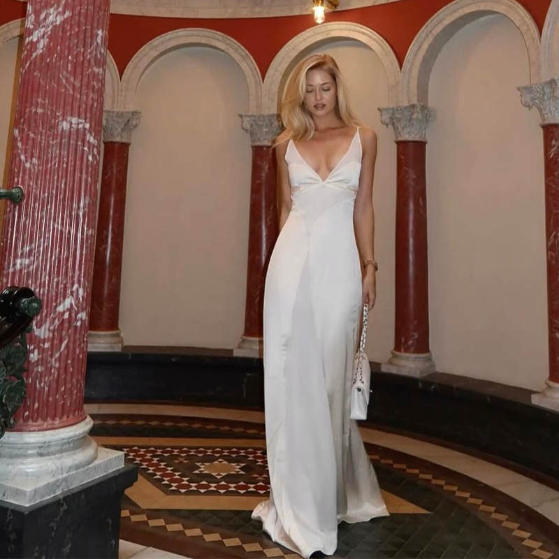 Summer Womens Satin V Neck Maxi Dress Slim Fit Elegant Waist Defining Perfect for Parties and Special Occasions