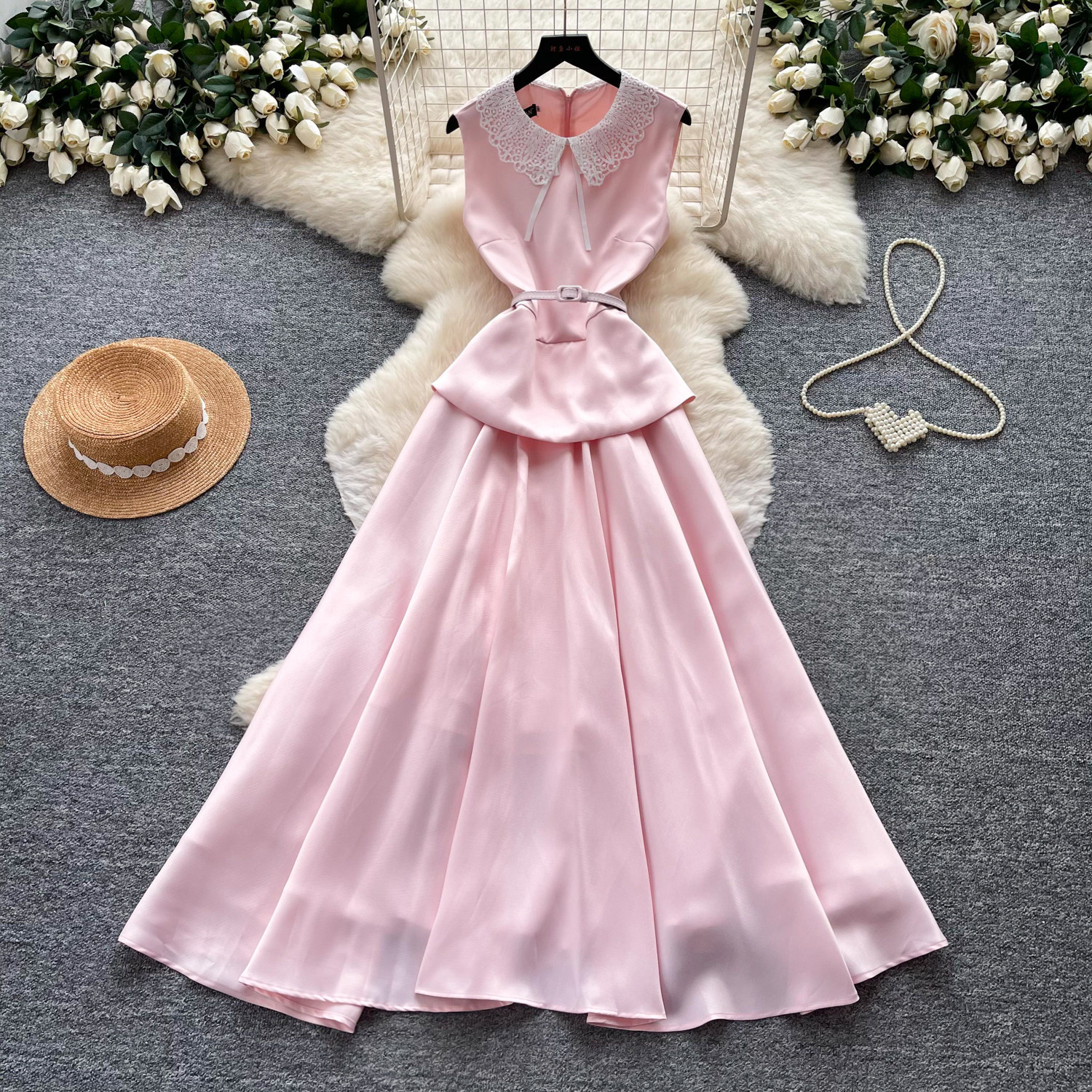 Red Lace Doll Collar A Line Dress for Women High Waist Elegant Fit Summer Style Perfect for Work and Casual Occasions