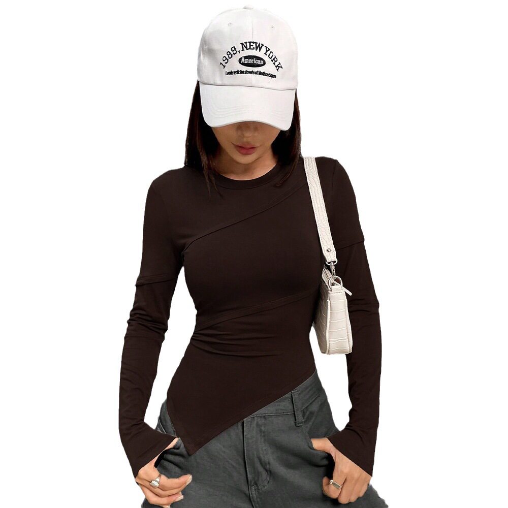 Womens Long Sleeve T Shirt Asymmetrical Neckline Slim Fit Solid Color Knitted Fabric Fall Winter Fashion
