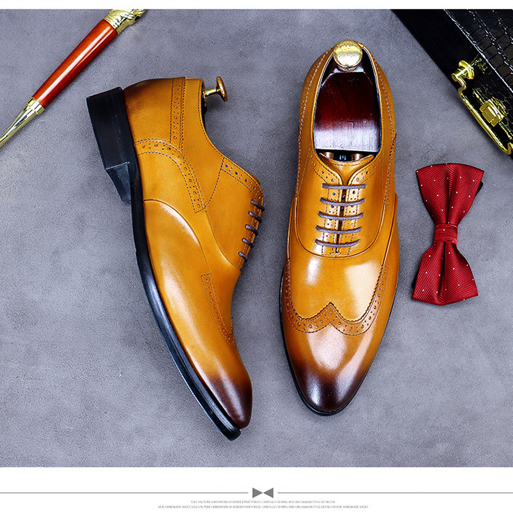 Giày da nam derby mũi tròn chạm khắc brogue cổ thấp buộc dây — Màu nâu, Màu đen, Màu đỏ rượu, Màu cà phê