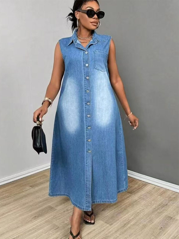 Sleeveless single-breasted denim dress summer new casual lapel long skirt French retro temperament denim long skirt