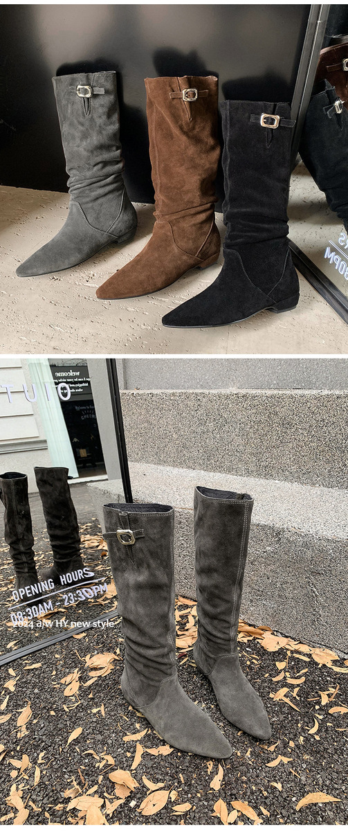 Boot nữ cổ cao mũi nhọn da lộn bò phong cách cổ điển gót thấp — Lớp lót đơn màu đen, Lớp lót đơn màu nâu, Lớp lót đơn màu xám, Lót nhung đen