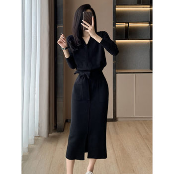 Cross-Border Accessible Luxury and High-End Workplace Work Clothing Ol Lace-Up Waist Knitted Skirt Autumn Slit Skirt Two-Piece Set