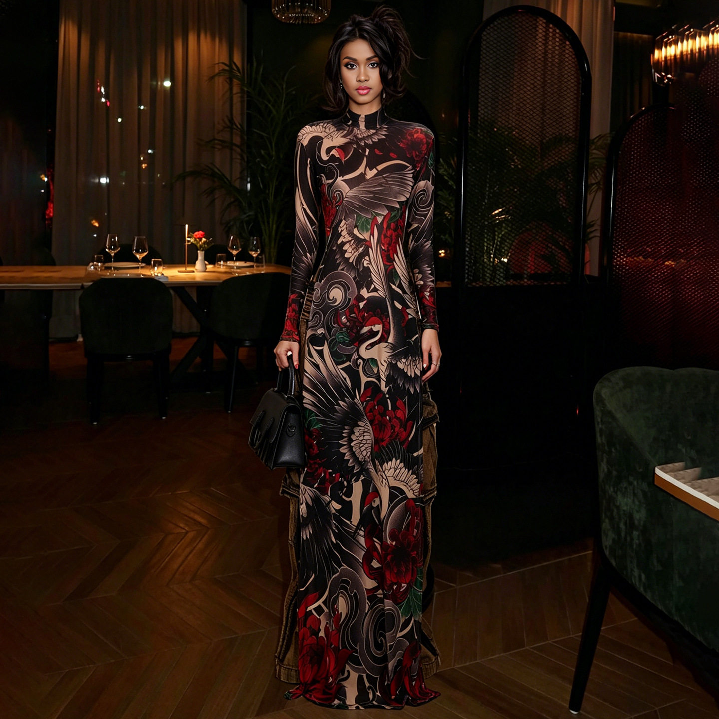 Fashionable Womens Long Sleeve Top Semi High Neck Animal Print High Slit Design Spring Collection Wholesale