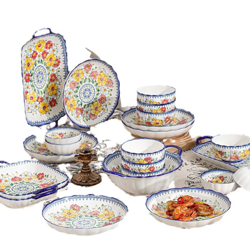 Japanese Creative Bohemian Ceramic Bowl Set Wholesale Underglaze Color Ceramic Bowl Plate Dish Set Tableware