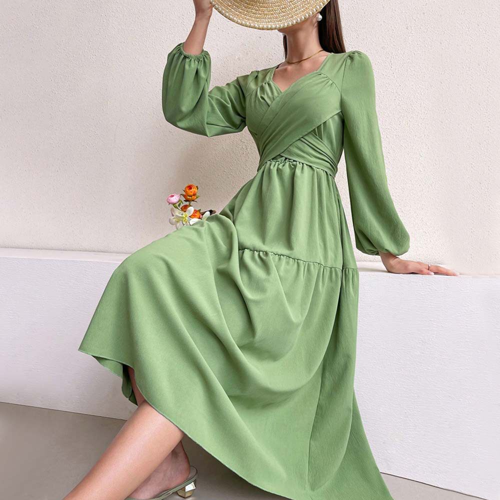 Elegant V Neck Midi Dress Fresh Spring Summer Style Youthful Green Color Wholesale Available OEM ODM service