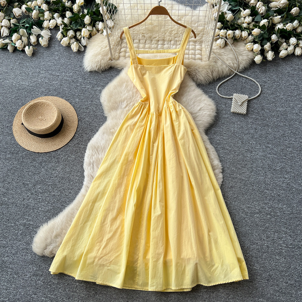 Yellow Lace Trim Maxi Dress for Women Summer Vacation Style Slim Fit High Waist Design Wholesale Available