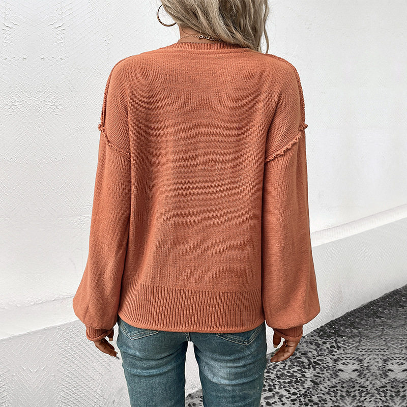 Vintage Style Lantern Sleeve Sweater Solid Color Casual Comfy Autumn Winter Wholesale Available