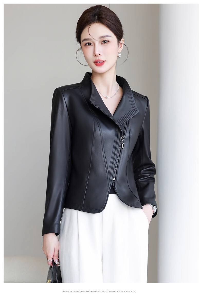 Áo khoác da cừu nữ dáng ngắn cổ đứng ôm body — Màu đen
