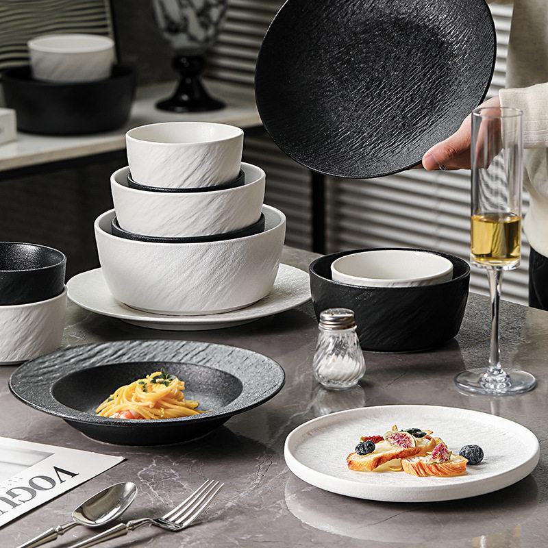 Jingdezhen Tableware Ceramic Bowl Household Plate High-Value Black and White Slate Stone Pattern Soup Noodle Bowl Ceramic Dinner Plate Optional