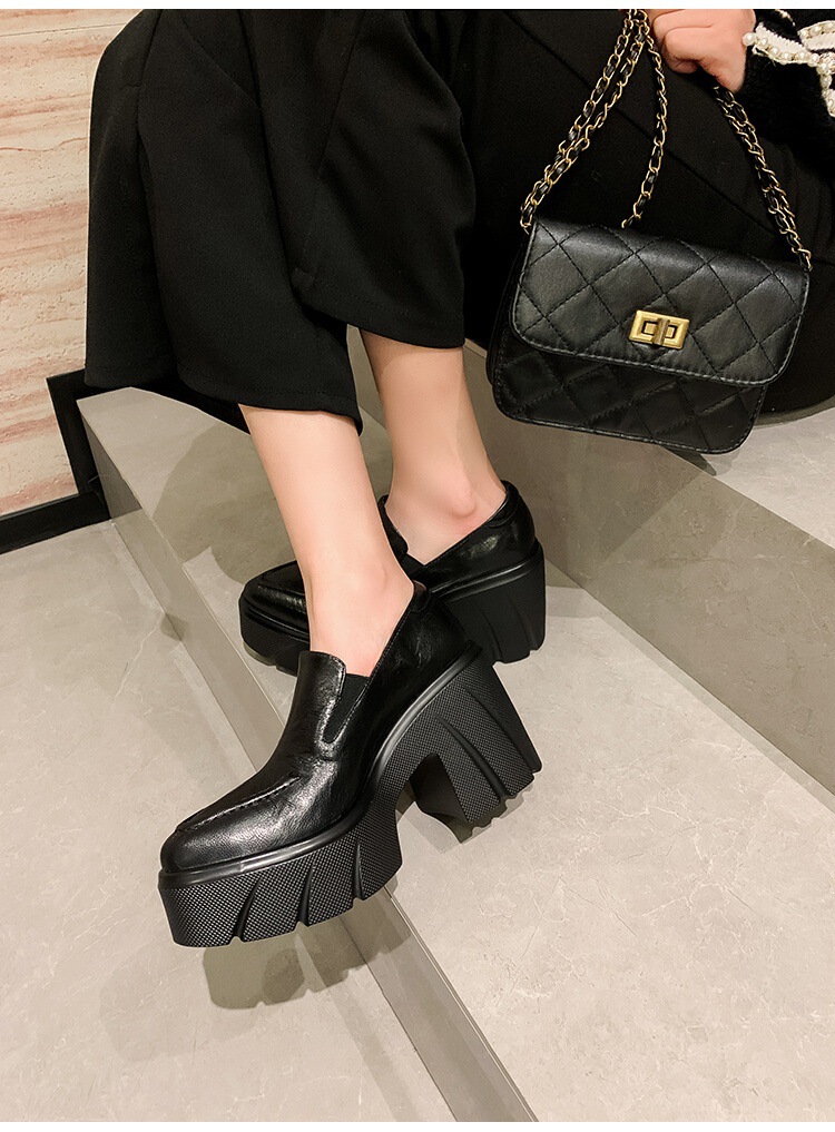 Giày lười nữ mũi nhọn gót thô 10cm đế xuồng da cừu thật — màu đen, Màu nâu
