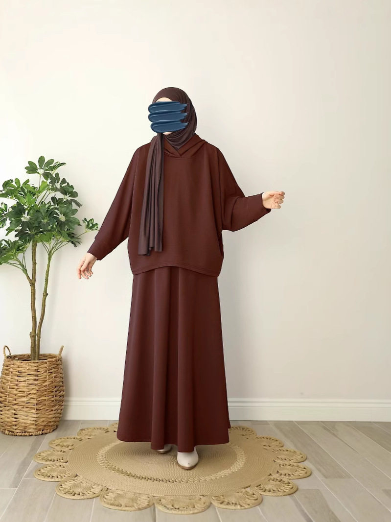 2024 Cross-border Foreign Trade New Women's Muslim Women's Solid Color Knitted Loose Hooded Top suit