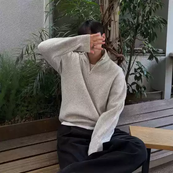 Autumn and Winter Half Zip Pullover Sweater Men's Korean Style Fashionable Handsome All-match Vertical Collar Sweater Top Solid Color Sweater