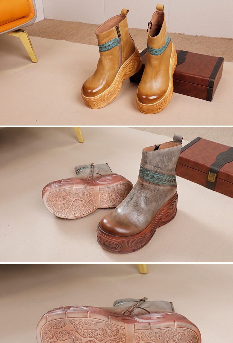 Boot nữ da bò cổ thấp gót cao khóa kéo bên — Màu kaki, Màu xám