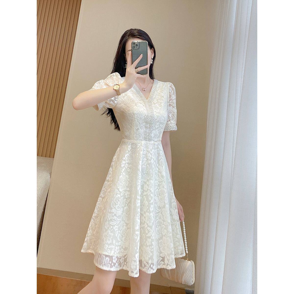 Lace Midi Dress for Women Elegant Fit and Flare Silhouette Summer Casual Wear Available in White and Apricot