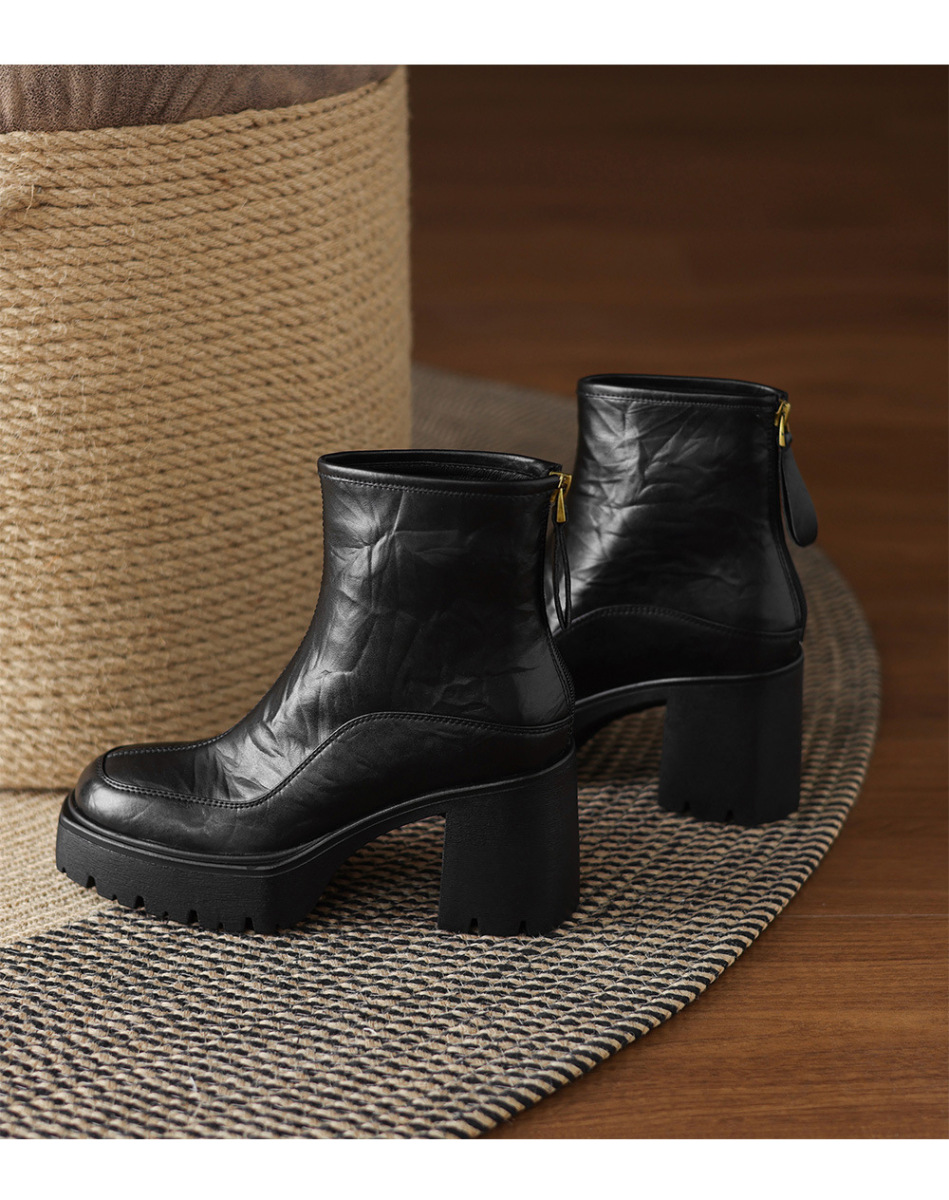 Boot nữ da bò mũi vuông gót thô 8cm đế cao su chống trượt — Lớp lót đơn màu đen, Lớp lót đơn màu nâu, Lót nhung đen, Lót nhung màu nâu